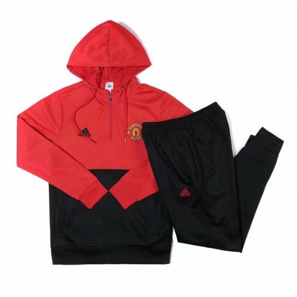 Kit treinamento com capuz oficial Adidas Manchester United 2018 2019 Vermelho e preto