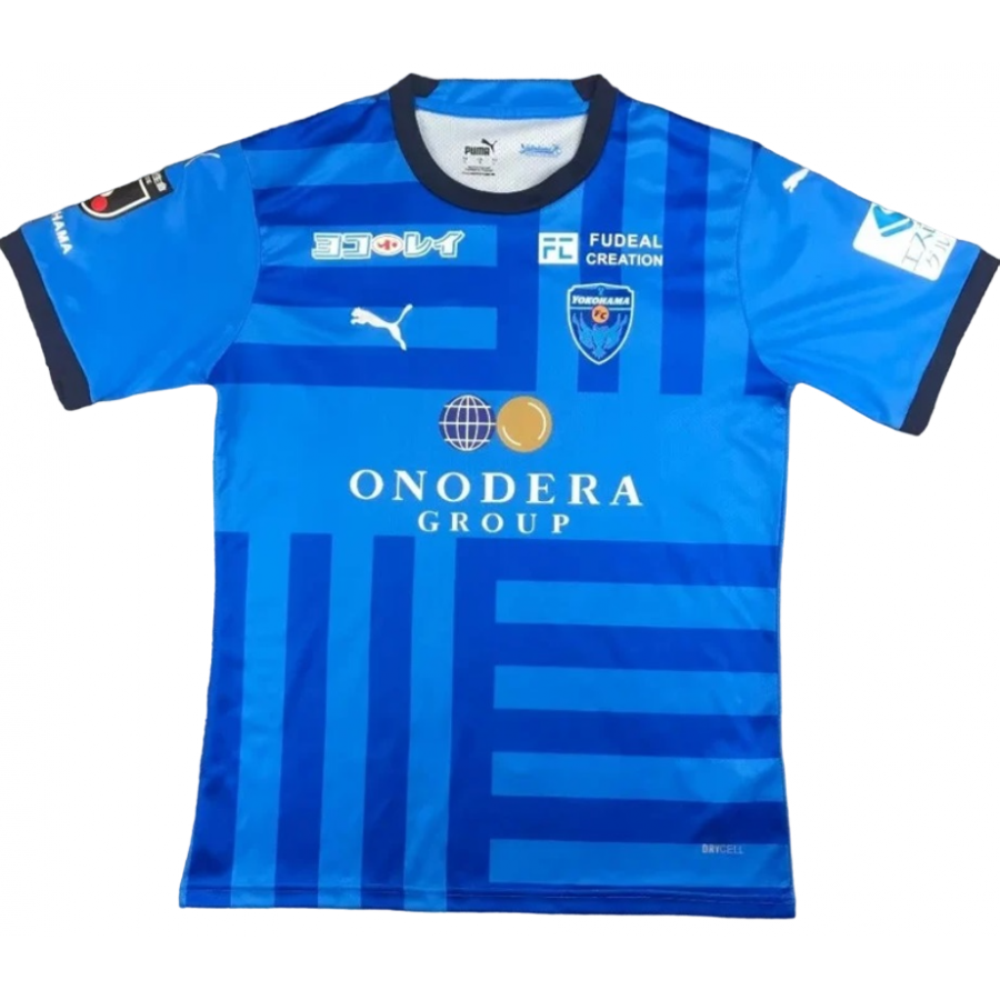 Yokohama F.C. Home football shirt 2020. Sponsored by Onodera Group